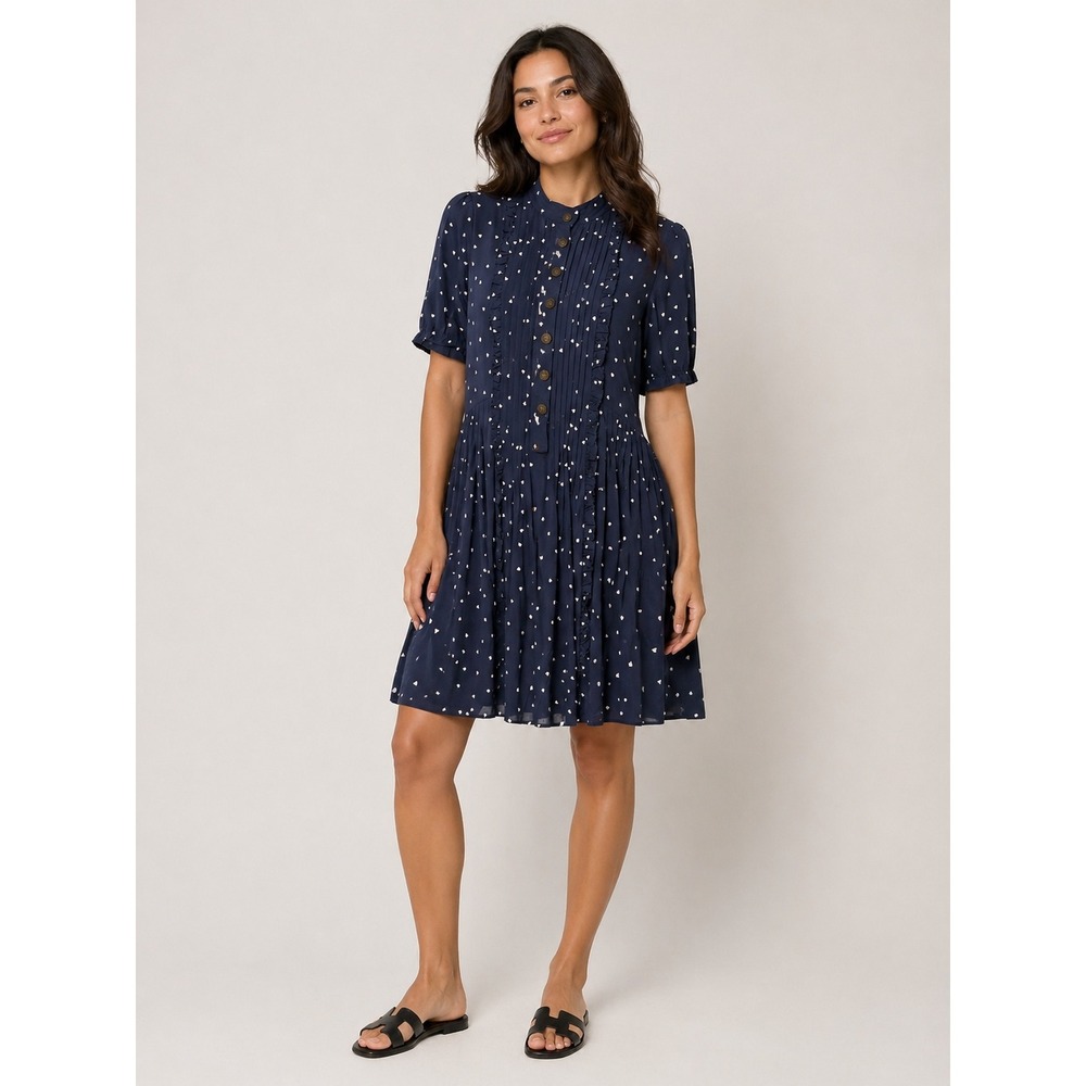 The Kooples Silk Heart Print Dress Womens Navy Blue Ruffle Pleated Coquette Chic